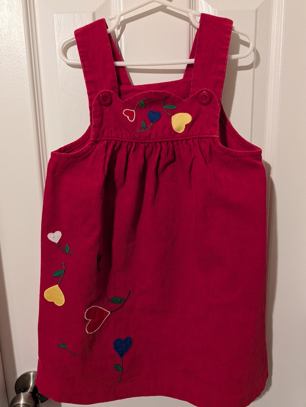 Red Corduroy Pinafore Dress with Heart  Appliqués by Alyssa, Size 6X